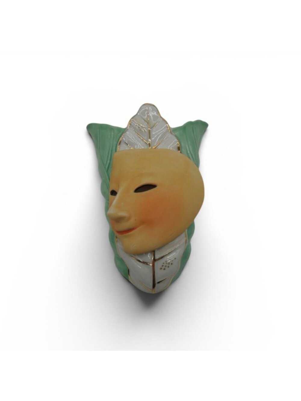 Nippon Yoko Boeki Mask Wall Pocket Porcelain Leaf Gold Trim Japan Vintage